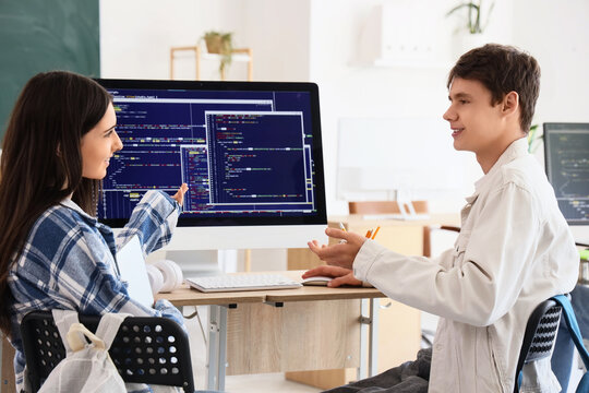 Teenage students studying at school computer lab