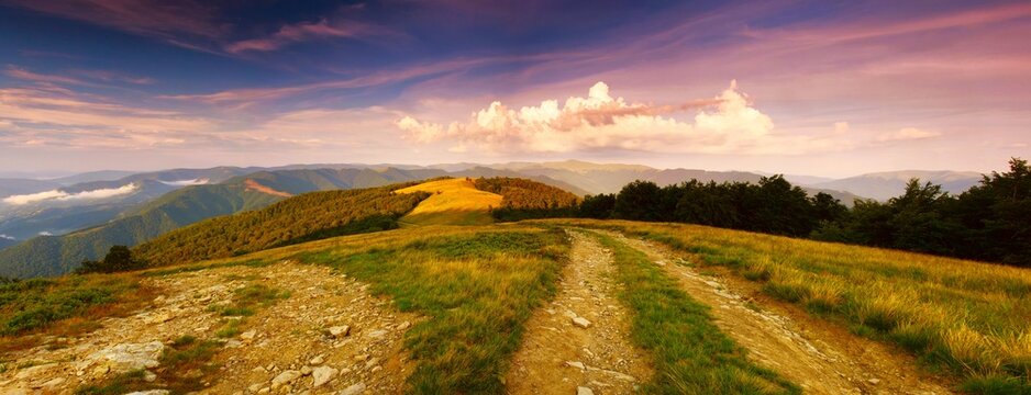 summer nature scenery, scenic sunset view in the mountains