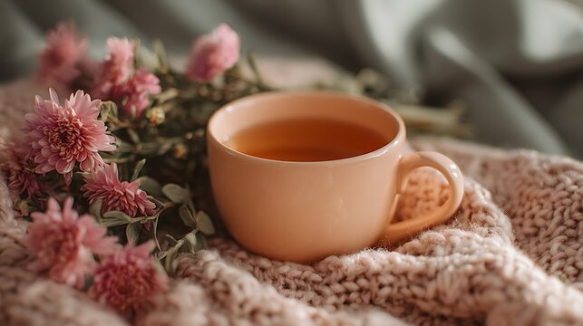 Light peach tea cup in a cozy setup with flowers surrounding it