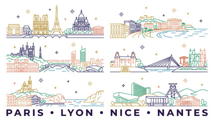 Fototapeta premium Pastel Gradient French City Skyline Panorama Set in Minimal Outline Style, Vector Illustration