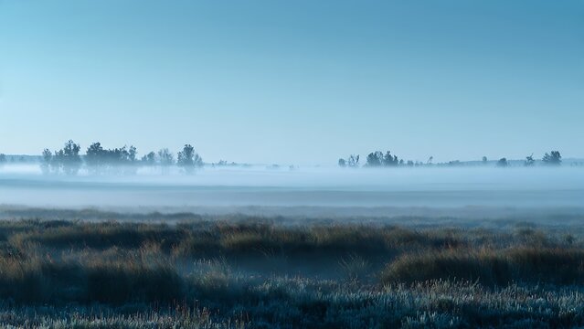 Foggy alpine meadow with distant tree silhouettes beneath clear blue morning sky