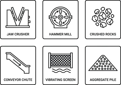 Jaw crusher and mineral milling line icon set