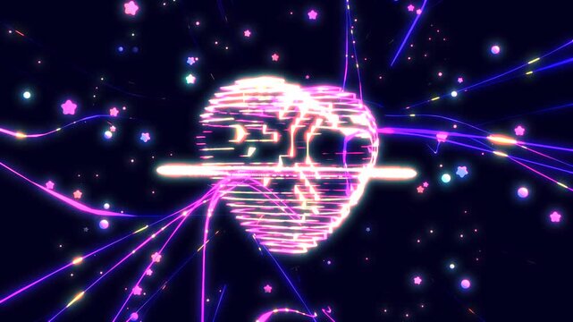 Neon heart-shaped planet pulsing with energetic wavy strands animation. (loop)