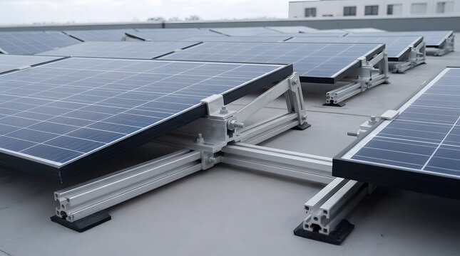 Rooftop Solar Panel Installation on Metal Racking System | Renewable Energy Solar Array Assembly Closeup | Commercial Flat Roof Solar Panel Mounting Infrastructure | Photovoltaic System Hardware 