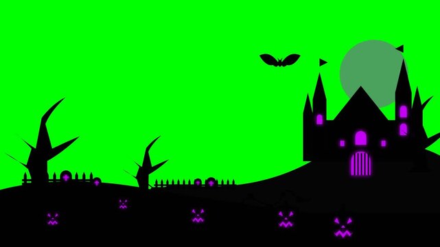 Halloween haunted castle with glowing pumpkins and flying bats animation