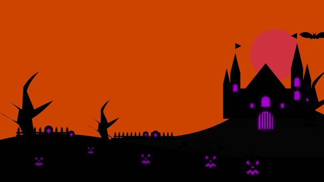 Halloween haunted castle silhouette with glowing jack o lanterns and flying bats