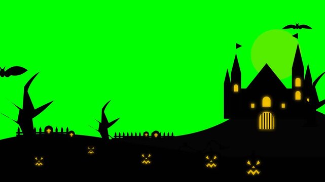 Halloween haunted castle silhouette with spooky pumpkins and bats on green screen