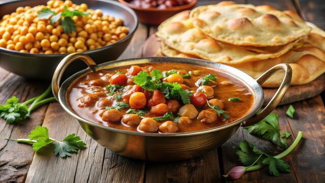 Spicy chole chickpea curry served with fluffy bhature on a traditional indian table