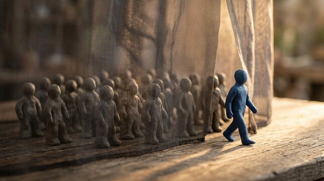 Standing out, leadership, courage concept with blue figure passing through curtain ahead of crowd.