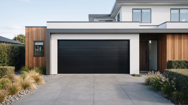 contemporary house facade with elegant matte black garage door