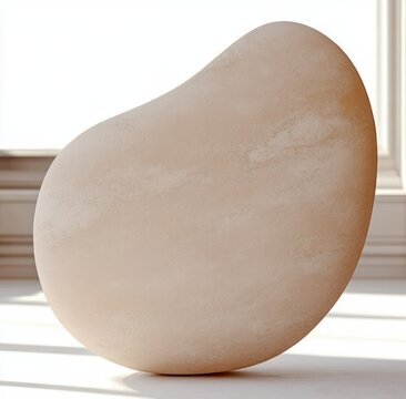 smooth beige bean-shaped stone sculpture on sunlit white surface by window casting soft shadows, minimalist serene atmosphere