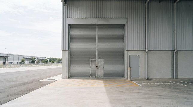 closed silver metal rolling shutter door of an industrial warehouse
