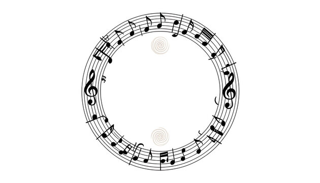 Circular music notes border frame isolated on white background