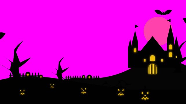 Halloween haunted castle silhouette with spooky pumpkins and bats at full moon