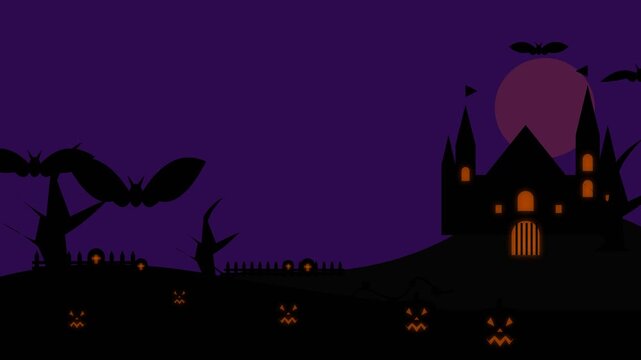 Halloween haunted castle with glowing pumpkins and flying bats under full moon