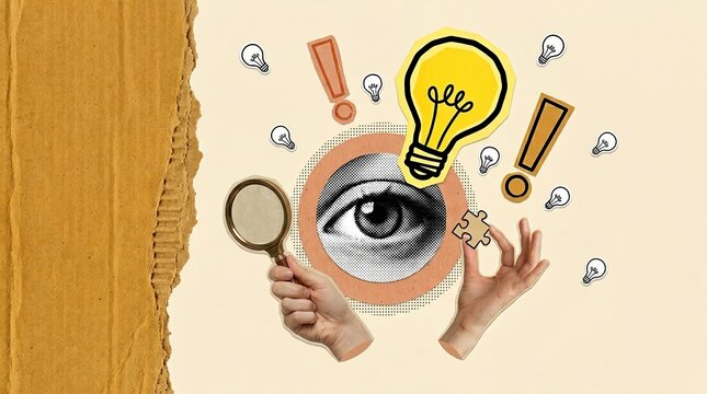 Creative vision, idea discovery, surreal collage concept with floating eye, hands and light bulb symbols.