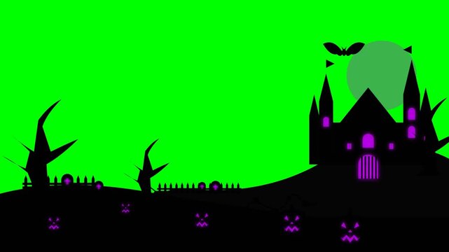 Halloween haunted castle silhouette with spooky pumpkins and flying bat animation