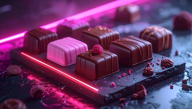 Delicious chocolate candies on black tray.