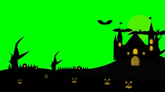 Halloween haunted castle silhouette with pumpkins and flying bats animation
