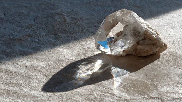 Natural Quartz Crystal Illuminated by Sunlight with Prism Reflection and Mineral Detail