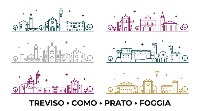 Colorful Minimal Line Art Treviso, Como, Prato and Foggia Italy Skyline Set Vector Illustration