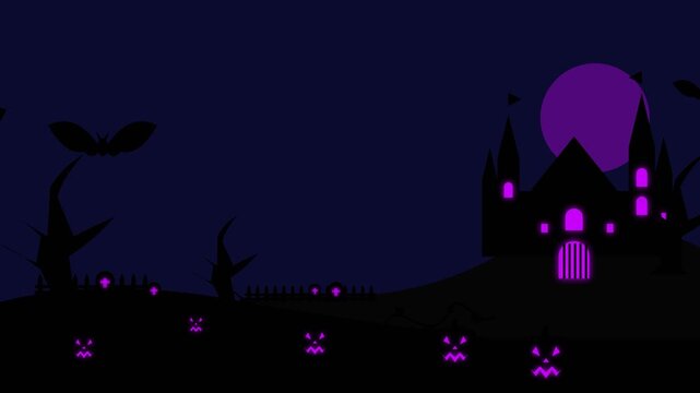 Halloween haunted castle with glowing purple pumpkins and full moon