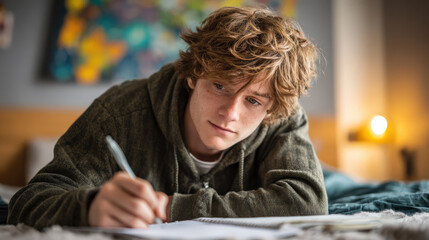 Obraz premium A young man with tousled hair lies on a bed, engrossed in writing, his brow furrowed in concentration as he works on a paper.