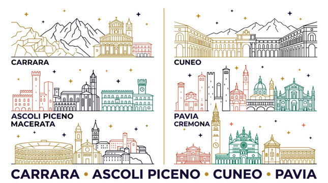 Italian historic cities skylines colorful line art grid set with labels, vector elements with Carrara, Cuneo square, Ascoli Piceno, Macerata, Pavia and Cremona Torrazzo