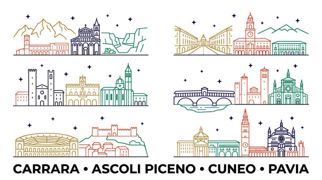 Italian historic cities skylines colorful line art set with stars, vector elements with Carrara marble mountains, Ascoli Piceno, Cuneo and Pavia covered bridge