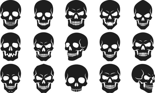Cartoon Skull Vector Silhouette Collection Featuring Front And Side View Designs For Halloween, Gaming, Tattoo Art, Mascot Branding, Logo Creation, And Horror Graphics