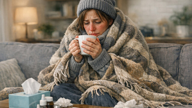 A woman in a cozy indoor setting, wrapped in a blanket with her head resting on her hands as she sips tea. Her expression is concerned or distraught.