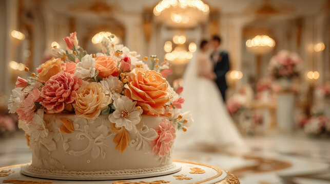A beautiful floral arrangement adorns a wedding cake, with a newlywed couple embracing softly in the background, illuminated by soft, warm light, creating an atmosphere of romantic elegance.
