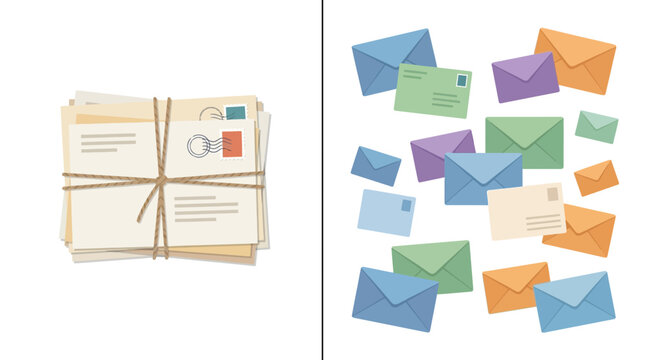 Vector illustration of vintage letter stack and colorful envelopes