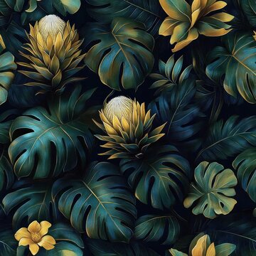 moody lush tropical composition of deep teal monstera leaves, golden protea blooms and small yellow blossoms, luxurious botanical pattern