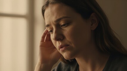 Fototapeta premium Sad Depressed Young Woman Looking Down in Melancholy Mood Sitting Near Window with Soft Natural Light and Moody Shadows Concept of Loneliness Anxiety and Mental Health