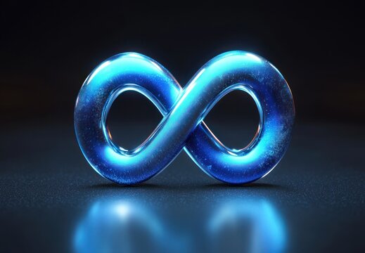 Glossy blue three-dimensional figure-eight loop on a reflective dark surface glowing with cool neon light, evoking calm futuristic mystery