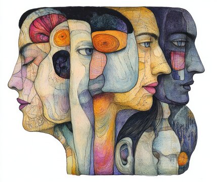 Multiple intersecting stylized human faces and profiles with prominent eye and ear, layered colorful textured shapes and linear shading in a surreal, introspective contemplative mood