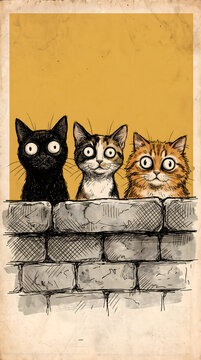 Three funny wide-eyed cats (black, calico, and orange tabby) peeking over a grey brick wall, vintage ink drawing style illustration.
