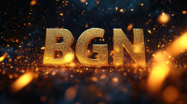 large gold textured letters bgn on a glittering dark surface surrounded by glowing orange sparks and bokeh, cinematic dramatic and celebratory mood
