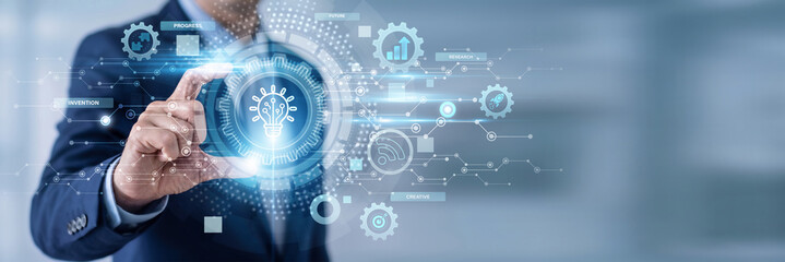 Businessman Hand Holding Innovation Technology and digital networking data, advanced tech solutions, research development systems, creative engineering, future business transformation © Shevon