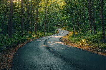 Naklejka premium Winding sunlit asphalt road curving through dense green forest, peaceful and inviting woodland scene