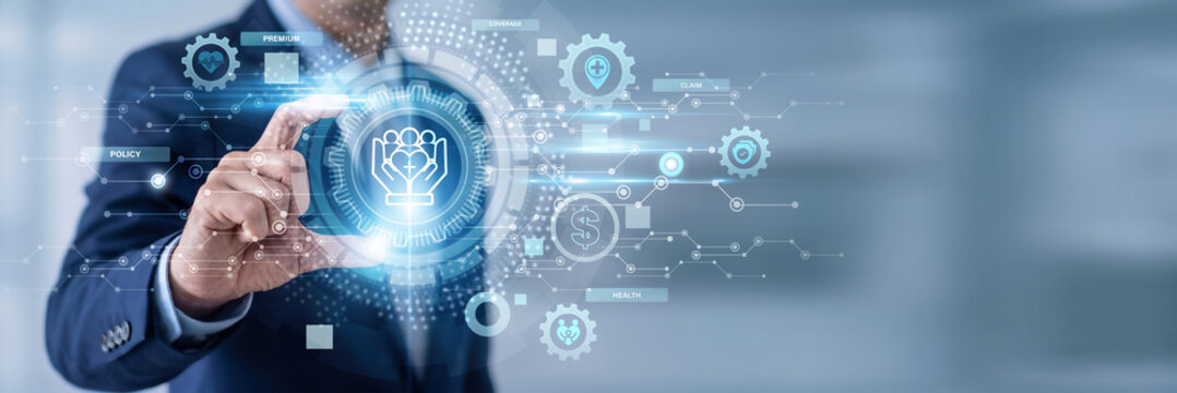 Businessman Hand Holding Medical Insurance and healthcare networking data, coverage management systems, policy protection solutions, claims processing, financial health security