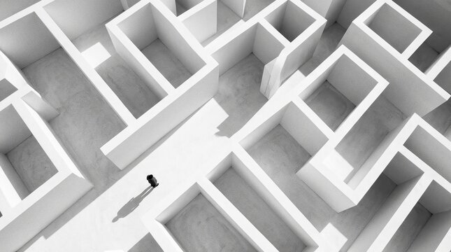 Maze architecture, uncertainty, problem solving concept with person walking through white abstract corridors.
