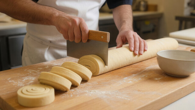 Professional baker's hands slicing long dough roll with a scraper on a wooden bench covered with flour in kitchen, baking preparation and culinary expertise for pastry production
