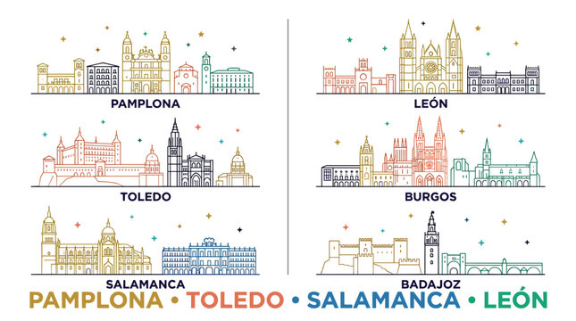 Delicate Pastel Line Art Vector Skyline Set of Spanish Historic Cities with Architectural Landmarks