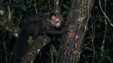 Fototapeta premium Aye Aye Primate Foraging for Grubs in a Tree Trunk at Night.