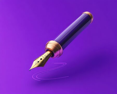 Elegant gold nib fountain pen with purple barrel floating over a purple background drawing a graceful ink swirl, evoking creativity and refined precision