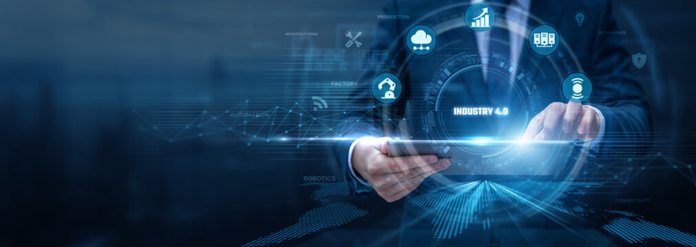 Industrial Engineer Analysing Industry 4.0 Using Tablet and Networking Data, smart manufacturing, industrial automation, connected systems, digital transformation