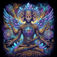 Obraz premium Surreal mystical and esoteric composition featuring psychedelic elements, cosmic symbols, sacred geometry, visionary creatures, and magical artifacts in a highly detailed imaginative art style.