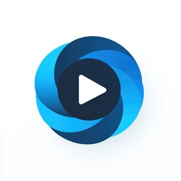 blue swirling circular icon with layered gradient petals, dark central disk and white triangular play symbol conveying modern dynamic and inviting motion